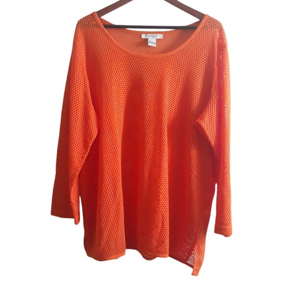 Romans Netted Open Knit Overlay Top Womens 1x Orange Long Sleeves - Picture 1 of 11
